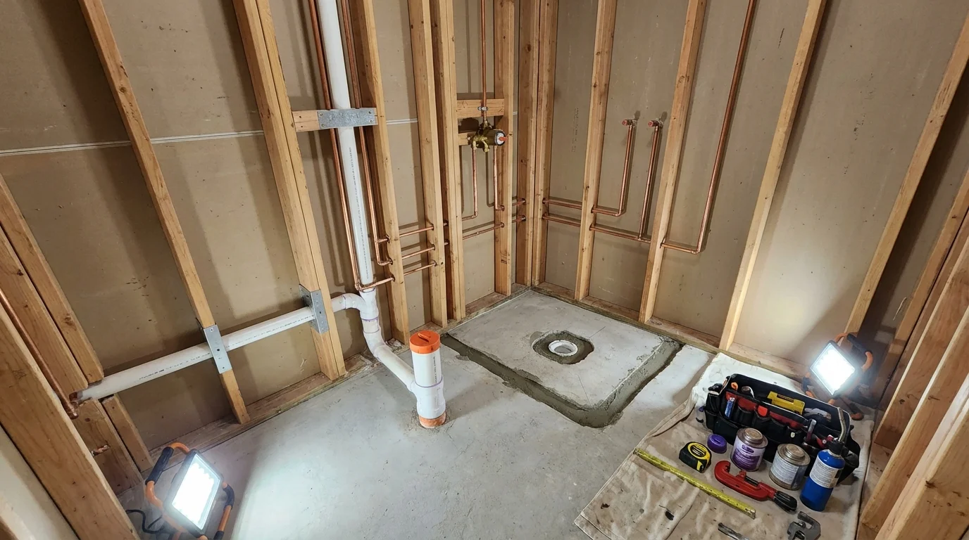 Bathroom rough-in plumbing during remodel by Johns Plumbing LLC in Caribou