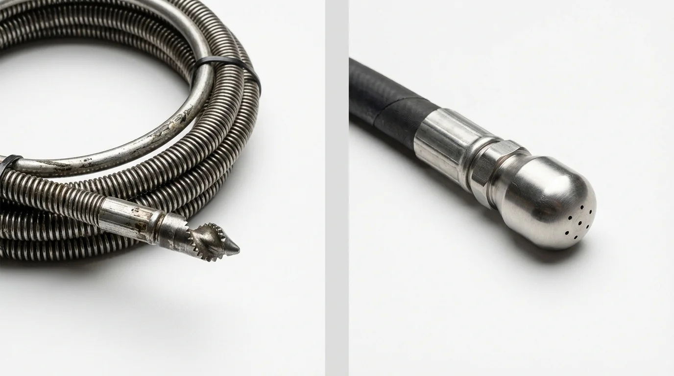 Drain snake cable and hydro jetting nozzle used for drain cleaning in Caribou, ME