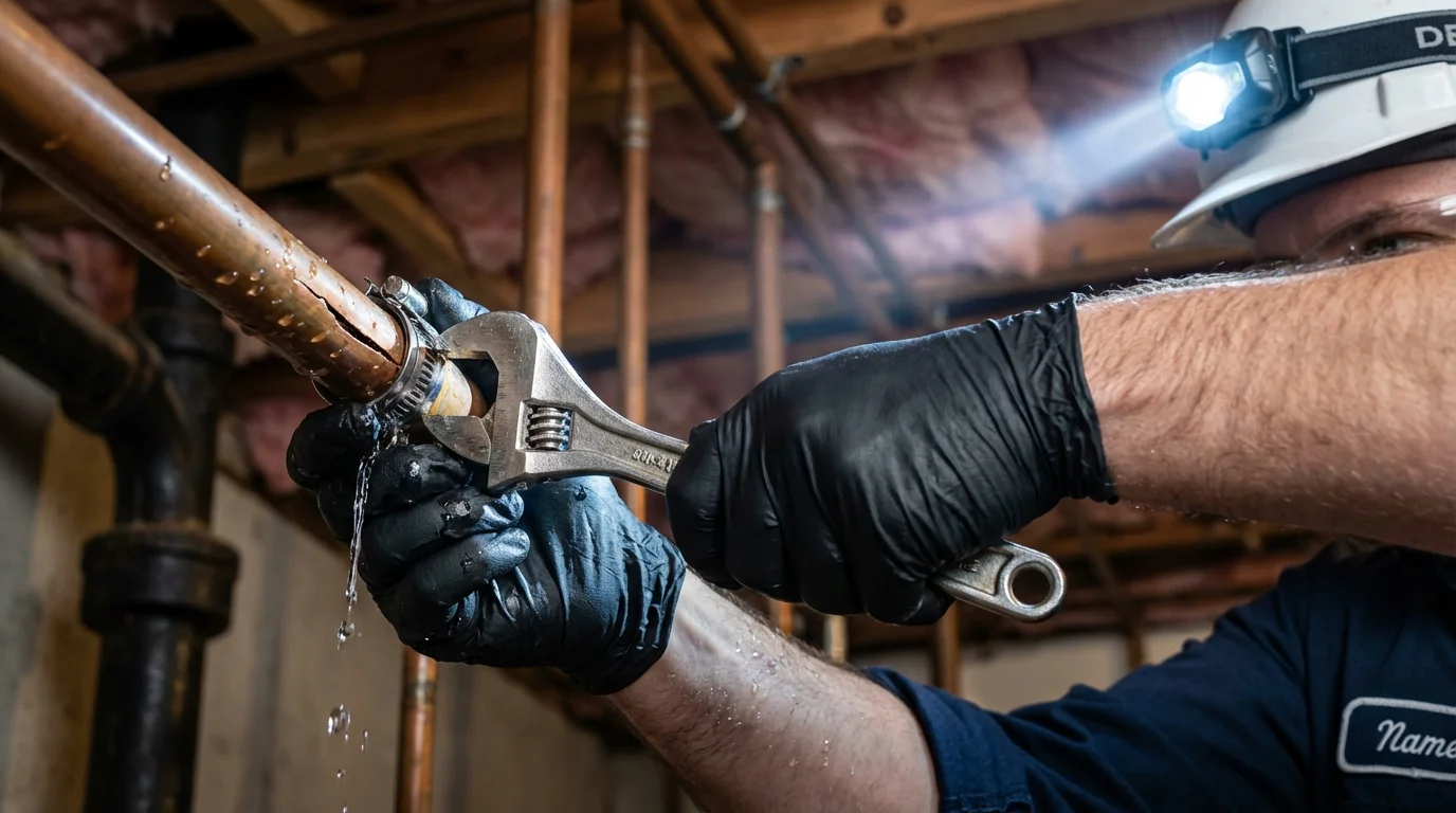 Emergency pipe clamp repair being performed by a Johns Plumbing LLC plumber in Caribou