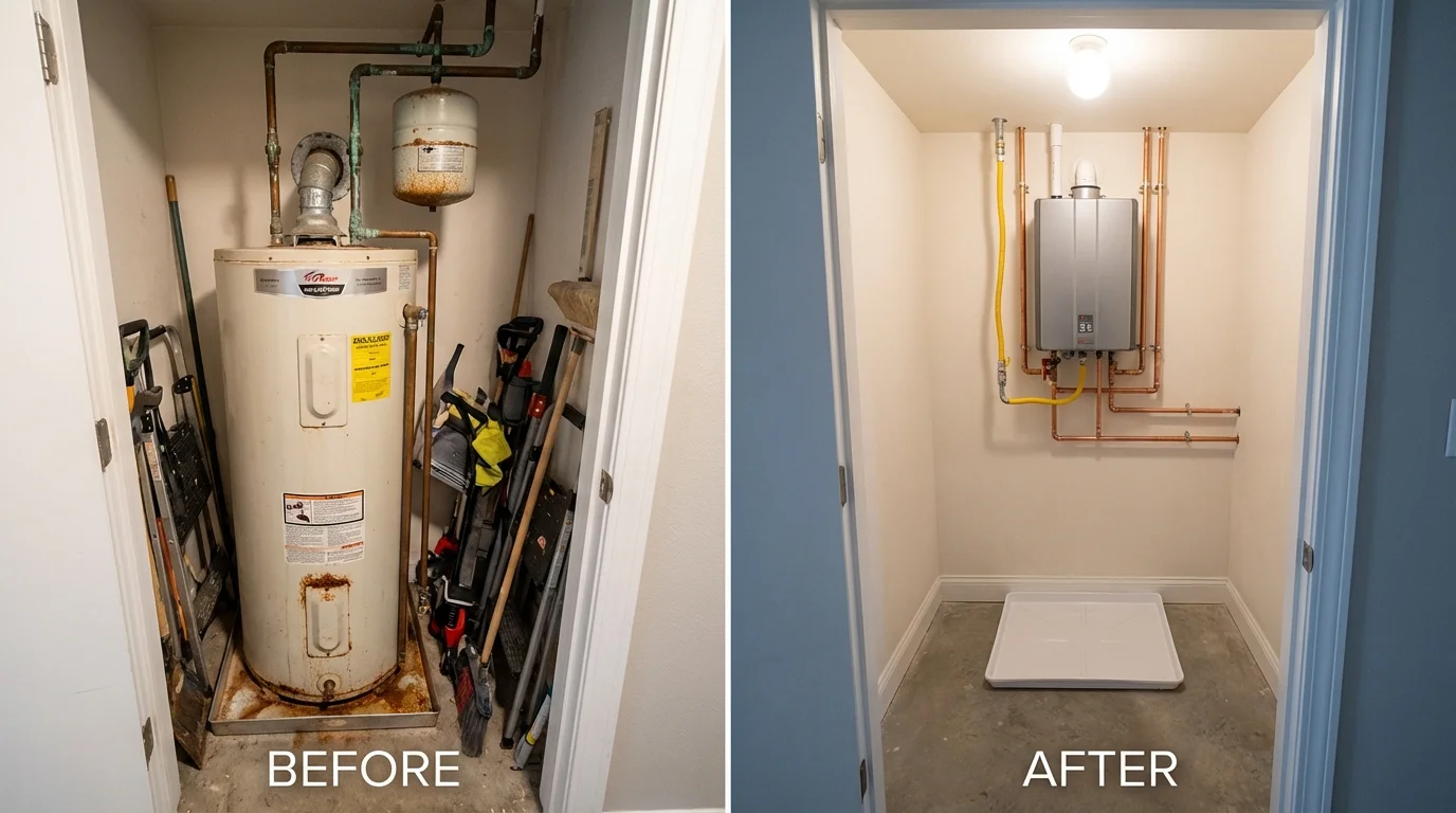 Tank water heater versus wall-mounted tankless unit comparison for Caribou, ME homeowners