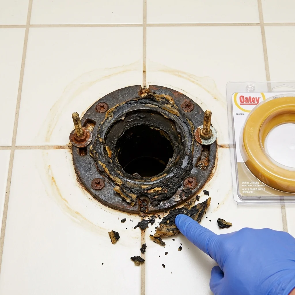 Failed wax ring showing water seepage at the base of a toilet in a Caribou, ME home