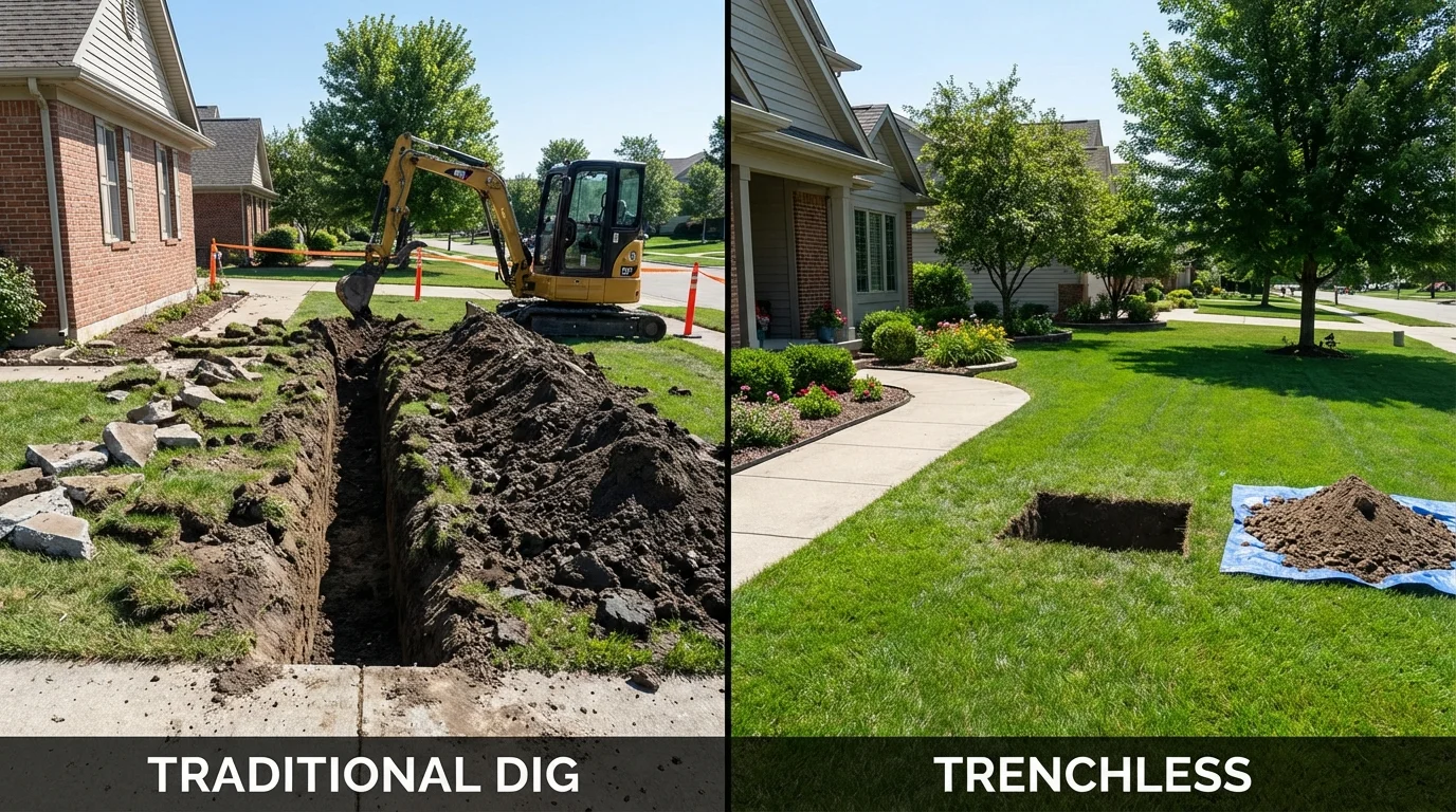 Trenchless sewer repair with minimal yard damage versus traditional excavation in Caribou, ME