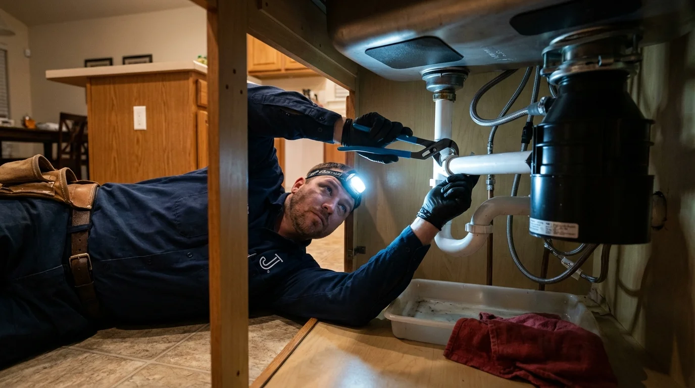 P-trap and supply line connections under a kitchen sink showing a common leak point in Caribou, ME